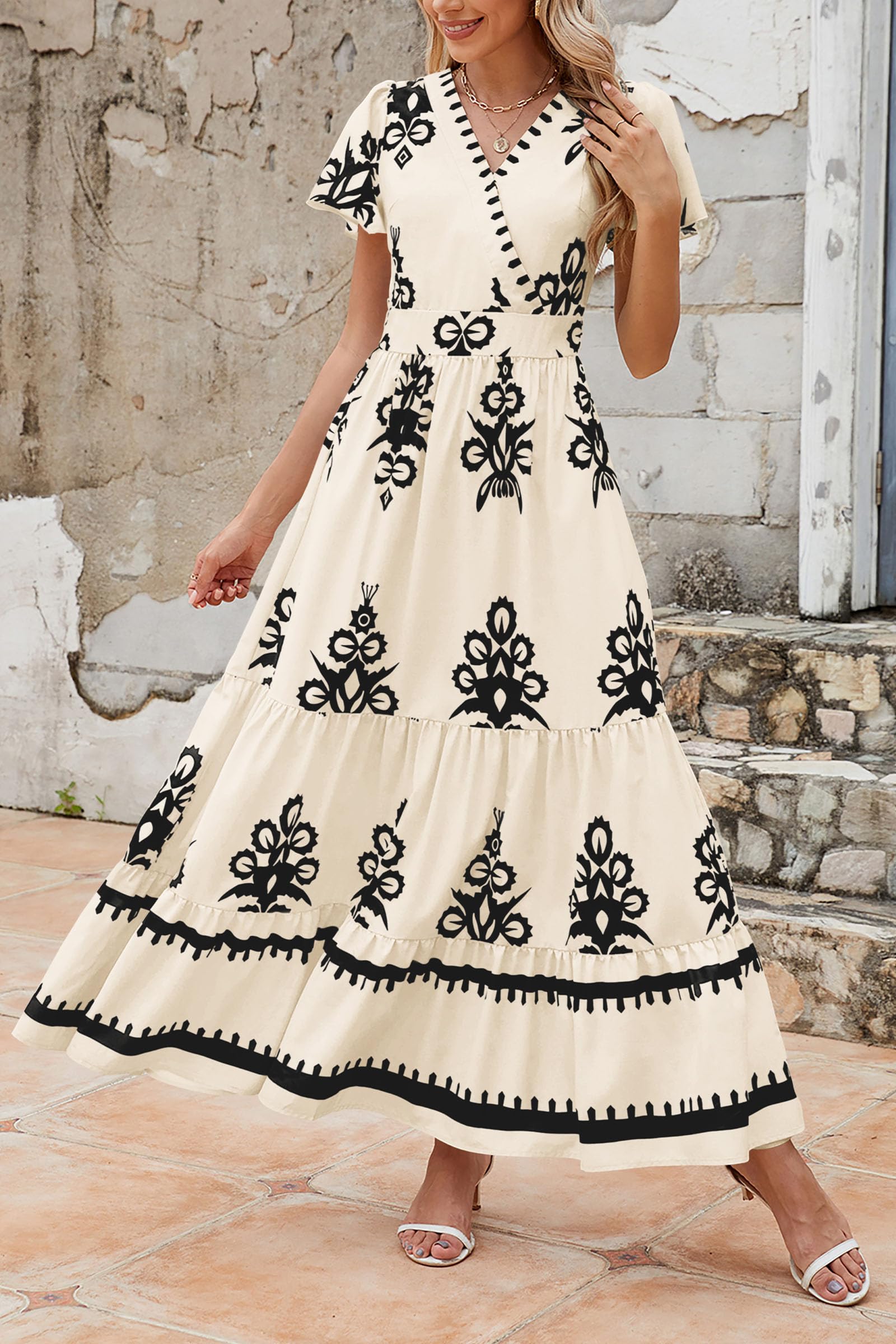 PRETTYGARDEN Womens Summer Casual V Neck Boho Maxi Dress Flowy Aline Bell Sleeve Tiered Floral Dresses with Pocket (Floral Apricot Black,X-Large) - Image 8