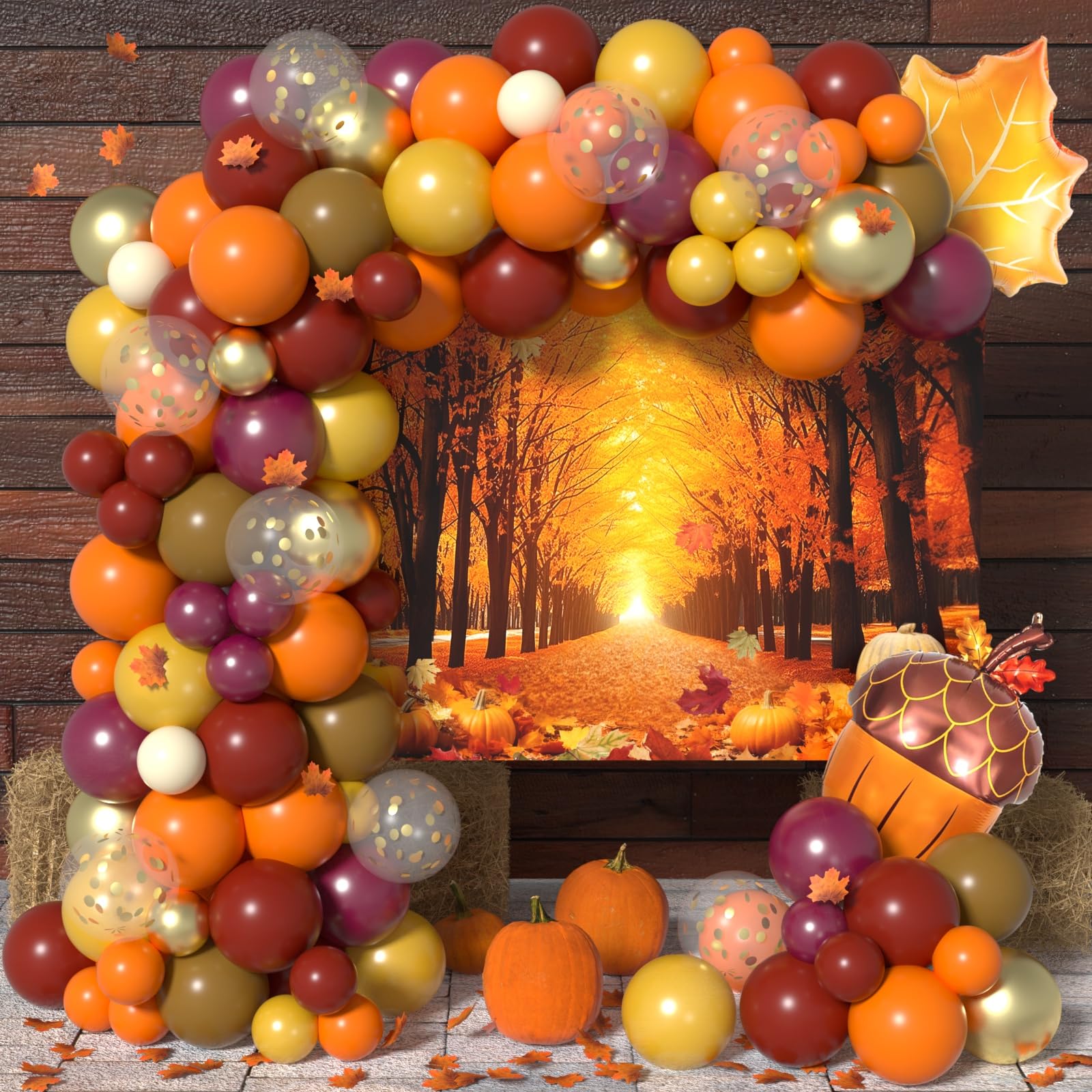 Photo 1 of 174 pcs Fall Party Decorations - Fall Thanksgiving Balloon Garland Arch Kit with Orange Burgundy Red Balloons Maple Leaf Pine Cone Foil Balloon Fall Backdrop for Harvest Thanksgiving Party Decor