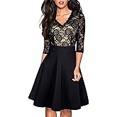 HOMEYEE Women's Chic V-Neck Lace Patchwork Flare Party Dress A062