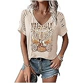 TOTWOW Women's Cut Out V Neck T-Shirts Boho Floral Graphic Tee Summer Cold Shoulder Short Sleeved Tops