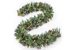 Jin&Bao 9FT Christmas Garland with 100 Lights, Pre-lit Christmas Garlands Xmas Decorations 8 Mode Timer Waterproof with Snowy Pine Cones, Long Pine Cones for Mantle Stairs Door Outdoor Decor
