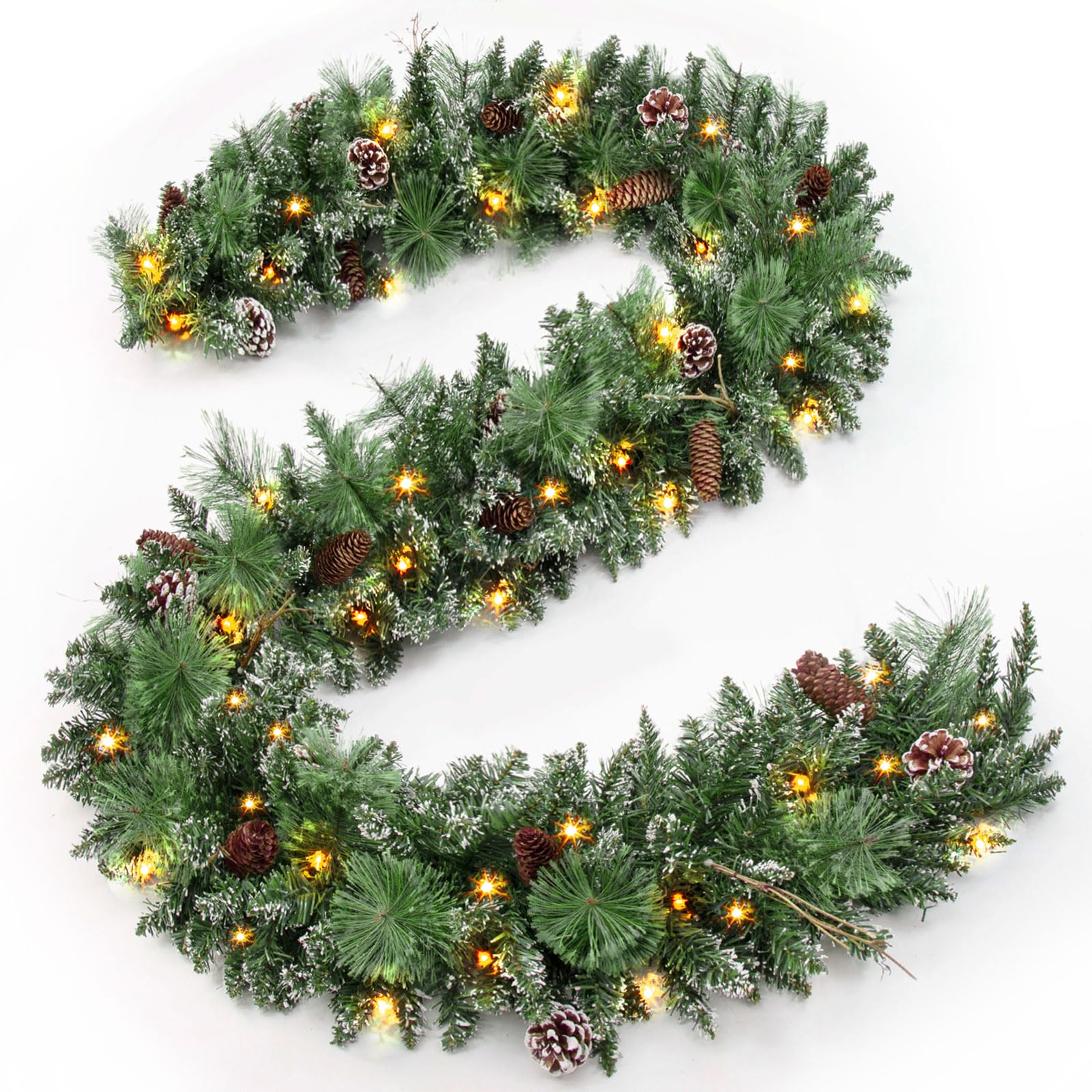 Photo 1 of Jin&Bao 9FT Christmas Garland with Lights, 100 LED Prelit Green Pine Garland Christmas Decorations with Timer Function, 3AA Battery Operated Xmas Garland Fireplace Door Stairs Home Outdoor