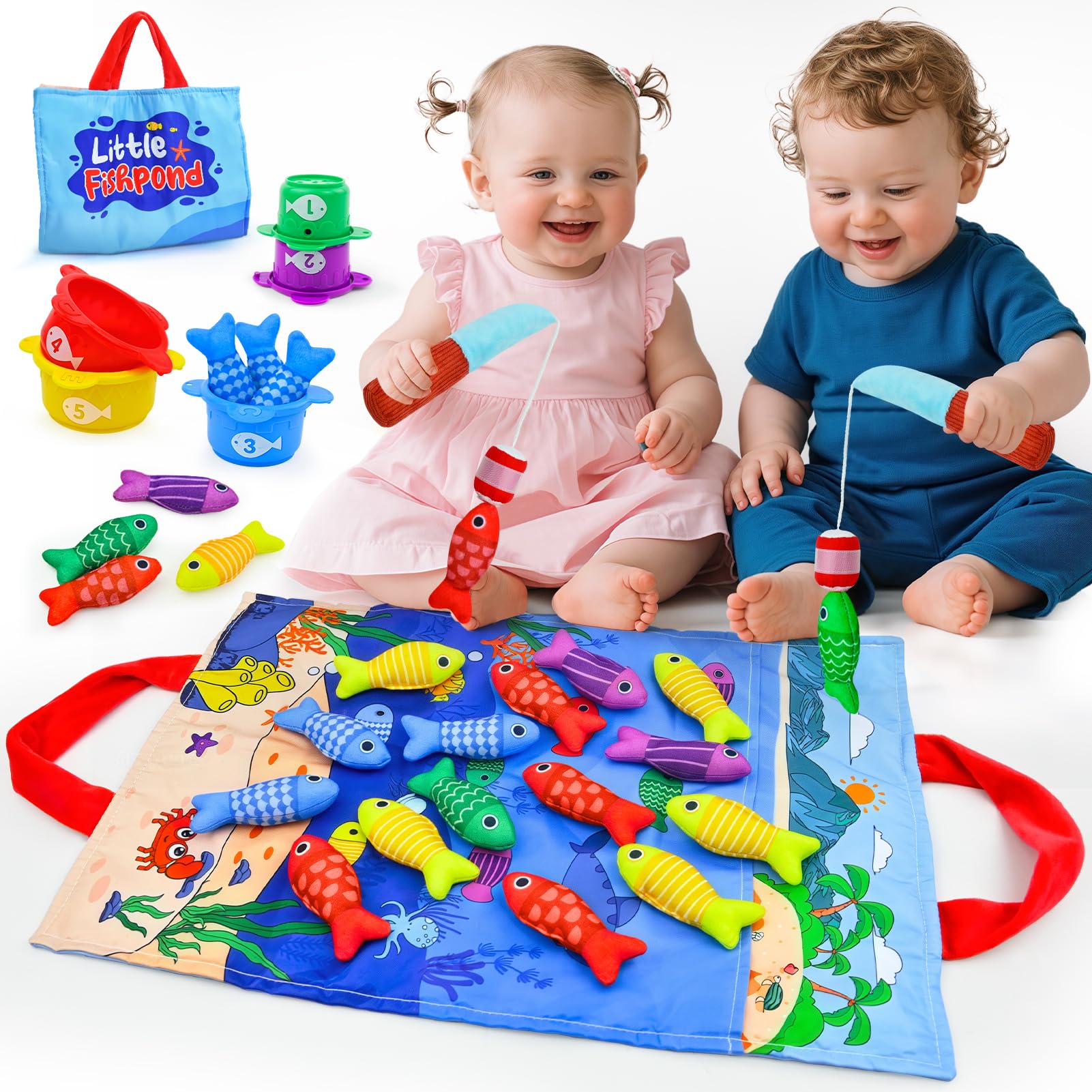 Montessori Toys for 1+ Year Old, 10 in 1 Cloth Fishing Game with 2 poles, Number Counting, Color Sorting, Shape Learning, Sorting. Perfect Stacking & Plugging Toys for 1 2 3 Year Old Boys Girls