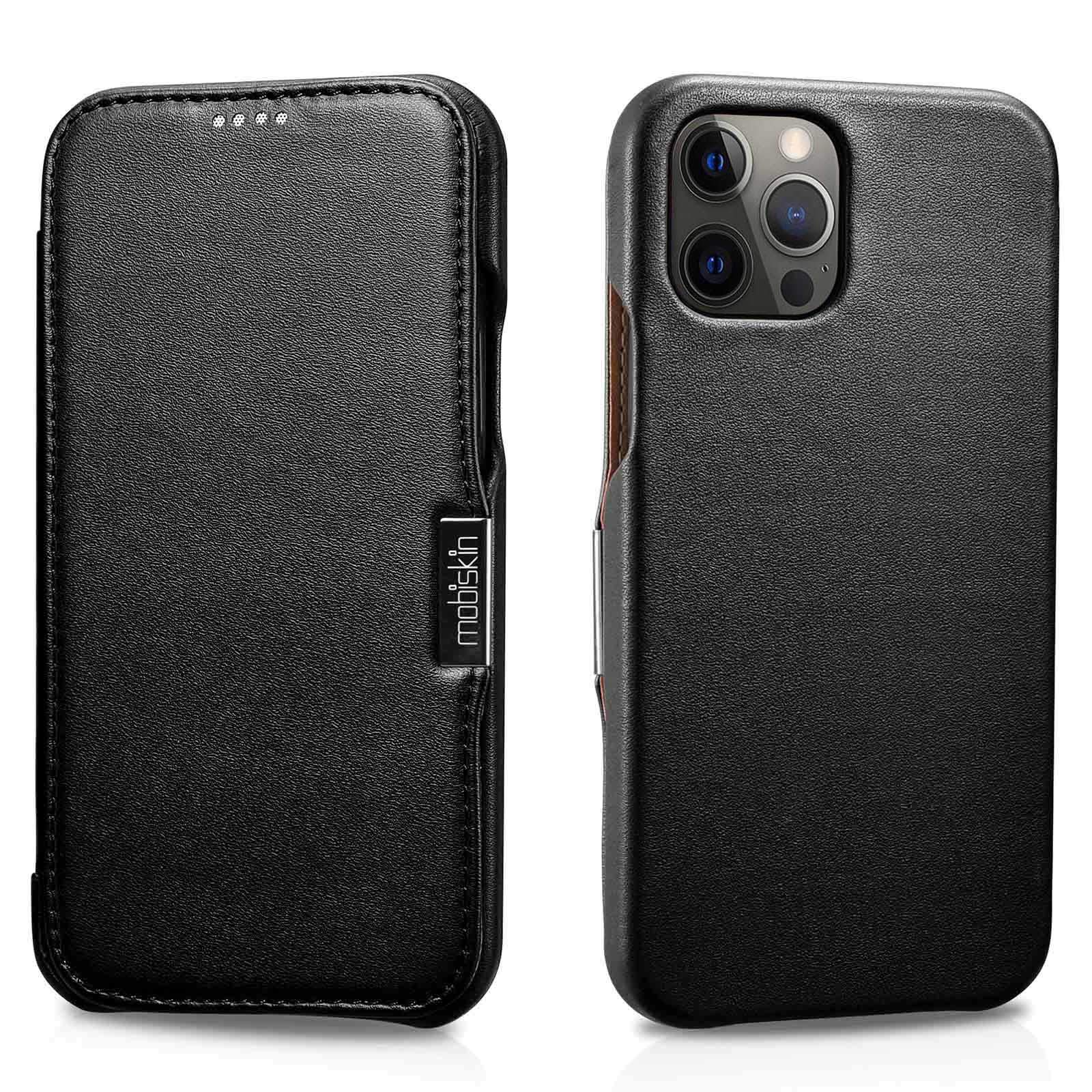 Mobiskin case compatible with Apple iPhone 12 PRO MAX (6.7 inch), cover with genuine leather, book-style protective phone case, ultra-slim folio, thin wallet, black
