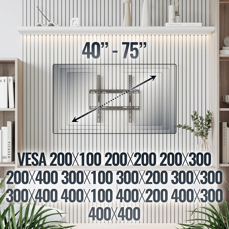 F0144 Supporto TV da parete Staffa TV 40-75 pollici per 40 75 pollici fisso slim fino a 75 kg max VESA 400x400