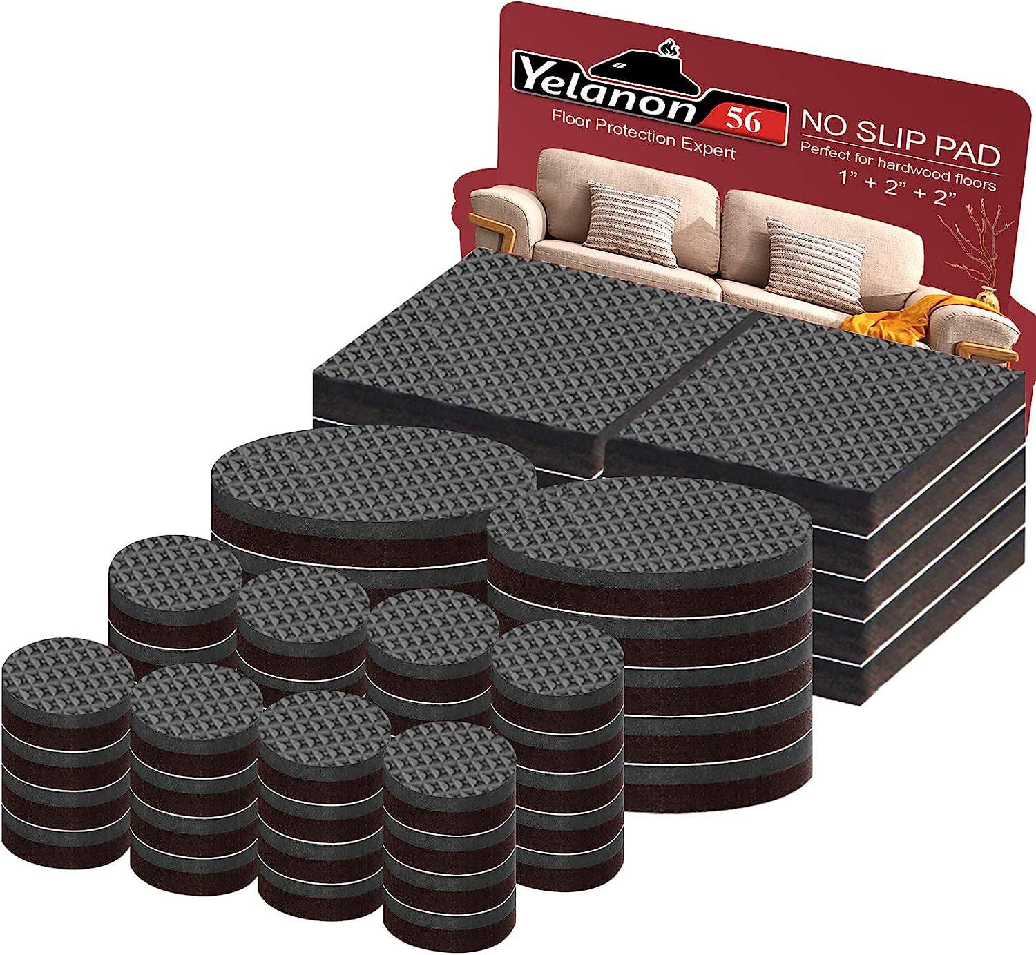 Yelanon Non Slip Furniture Pads Floor Protectors 56 pcs（25+50) mm Furniture Grippers, Non Skid for Furniture Legs,Self Adhesive Rubber Furniture Feet,Anti Slide Furniture Floor Protector