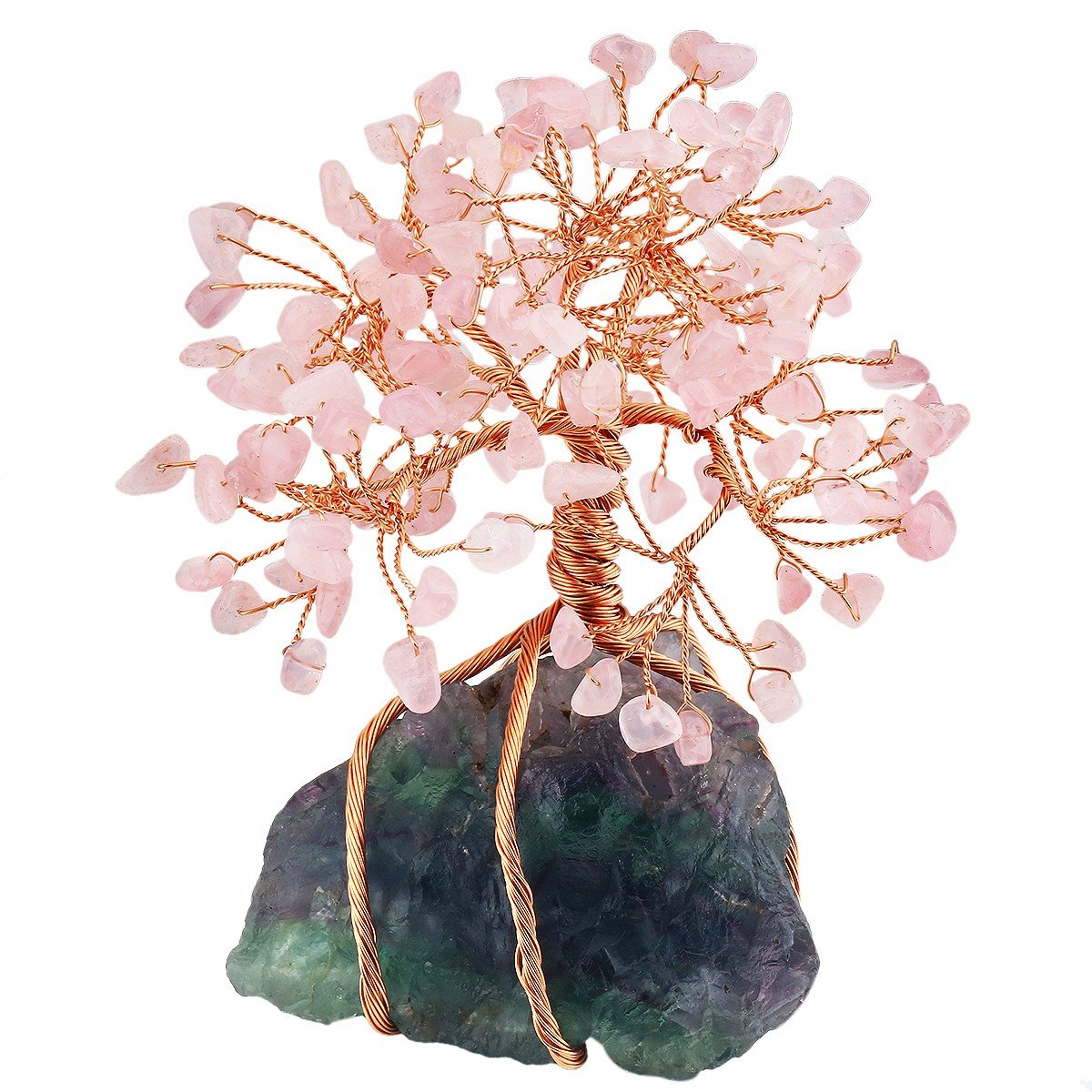 mookaitedecor Rose Quartz Crystal Money Tree with Fluorite Raw Stone Base Good Luck Crystal Gifts, Pink Rose Quartz Tree of Life Reiki Healing Crystal Bonsai Tree Feng Shui Ornaments for Home Office