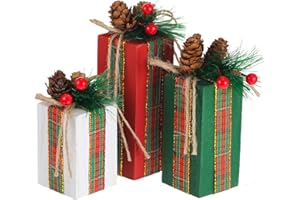 Glenmal 3 Pcs Christmas Table Centerpieces Xmas Wood Gift Boxes Decor Rustic Faux Present Blocks with Bow Ribbon for Holiday Tree Tiered Tray Decoration(Red Green White,Buffalo Plaid Style)