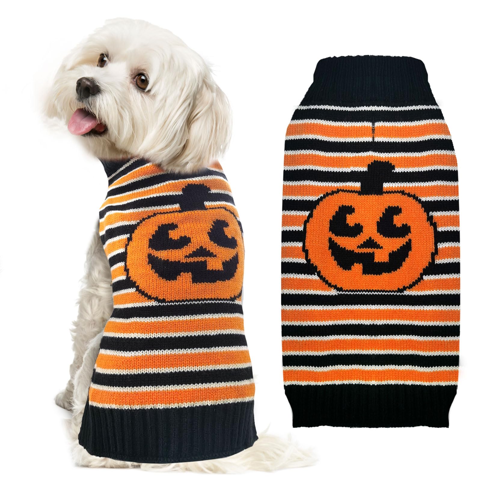 ABRRLO Halloween Dog Jumpers Pumpkin Sweater Dog Halloween Costumes Puppy Cat Turtleneck Knitwear Winter Warm Pet Clothes Funny Holiday Party Outfit Apparel for Small Midum Large Dogs(Orange,M)