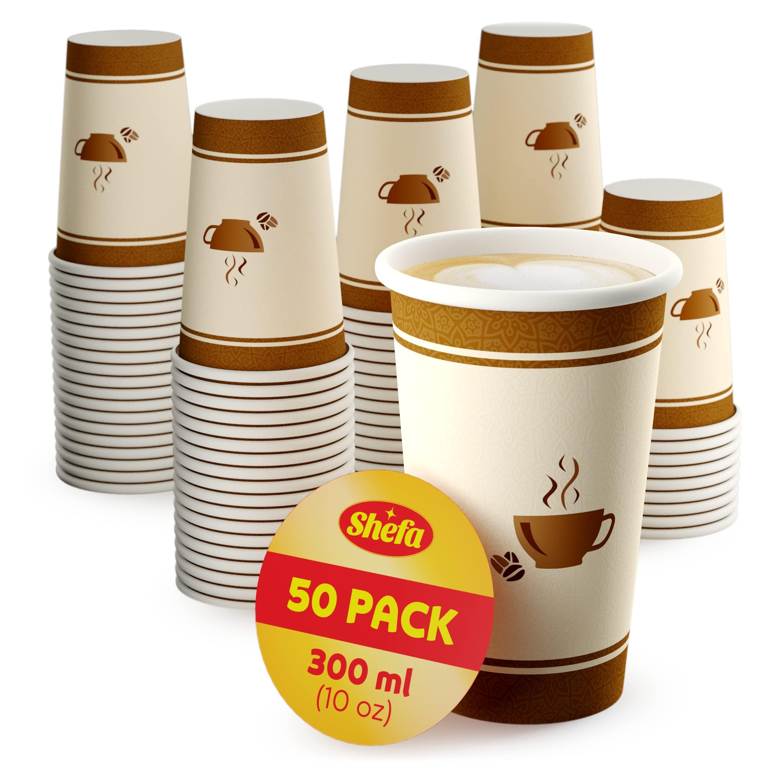 Shefa 10oz, 50 Paper Cups - Heat-Resistant, BPA-Free Coffee Cups for Hot and Cold Drinks - Takeaway for Coffee Shops