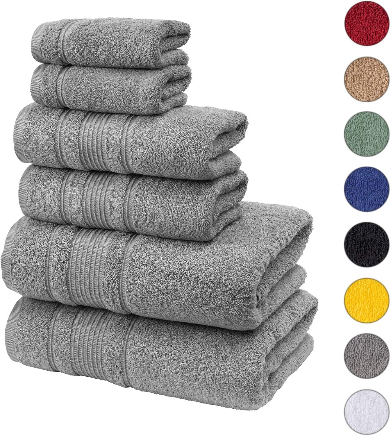 Qute Home Spa & Hotel Towels 6 Piece Towel Set, 2 Bath Towels, 2 Hand Towels, and 2 Washcloths - Grey: Home & Kitchen