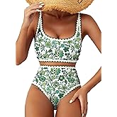 Herseas Women's Bikini Sets Floral Print Whip Stitch 2 Piece Swimsuits High Waisted Scoop Bathing Suits