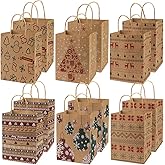 PARSUP 12PCS Christmas Kraft Gift Goodie Bags Assorted Styles Xmas Small Paper Bags with Handles with Christmas Prints for Xmas Gift Wrapping, Party Supplies