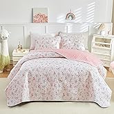 Joyreap 2pcs Cotton Quilt Set for Girls, Twin Size Pink Flowers Floral Design, Cozy Lightweight Quilt Bedspread Bed Cover for All Season, 1 Quilt and 1 Pillow Sham- 68x86 inches