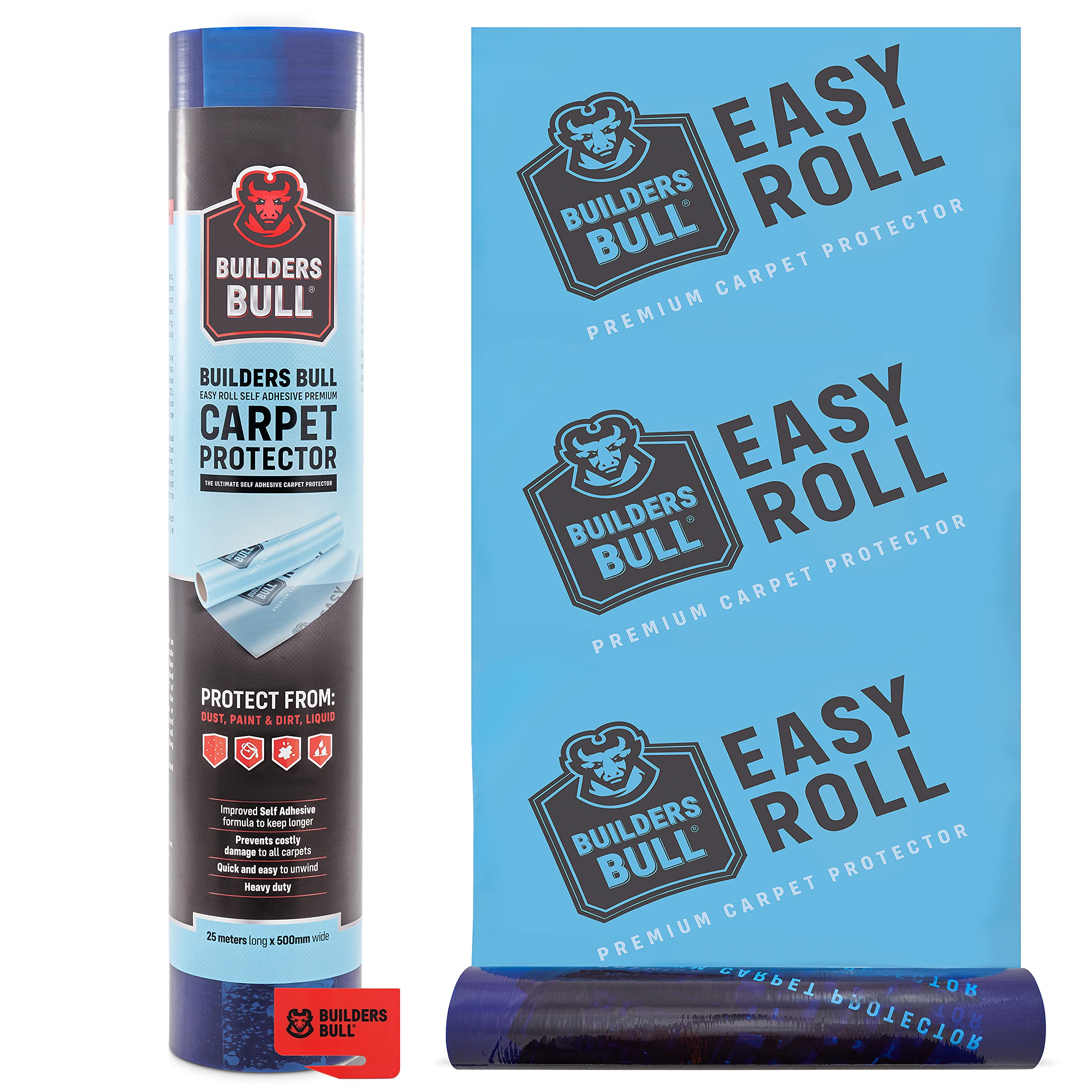 Heavy-Duty Carpet Protector – Strong Self-Adhesive Floor Protector – Premium Carpet Floor Covering - Waterproof Carpet Roll - Easy Unwind Plastic Carpet Protector - Safety Cutter Included