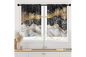 Arttown Vintage Black Gold Silver Marble Kitchen Over Sink Window Curtains Set of 2, Abstract Short Window Treatment Tier Curtains for Bathroom Dining Room Decor (26x36 Inch)