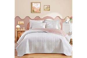 Joyreap 3 Pieces Cotton Quilt Set Queen, Pink Flower Stripes Boho Design for Girls, Cozy Lightweight Quilt Bedspread Bed Cove