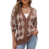 ZAFUL Women's Cardigan Sweaters Argyle Plaid Long Sleeve Button Down Preppy Oversized Chunky Knit Outerwear