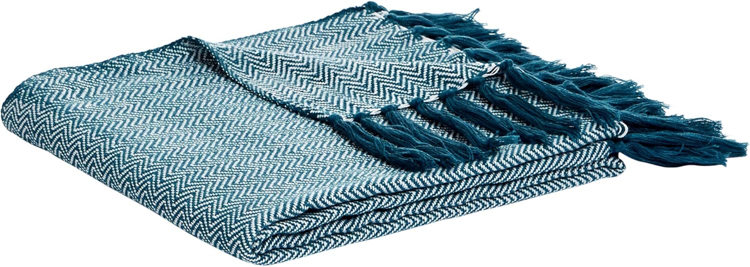 AmazonBasics Herringbone Knitted Fringed Throw Blanket - 60 x 80 Inches, Teal