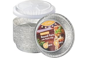 CURTA 8" Round Aluminum Foil Pans with Clear Lids | Heavy Duty | Great for Broiling, Baking, Storage, Roasting, Takeout, Air Fryer | 30 Pack