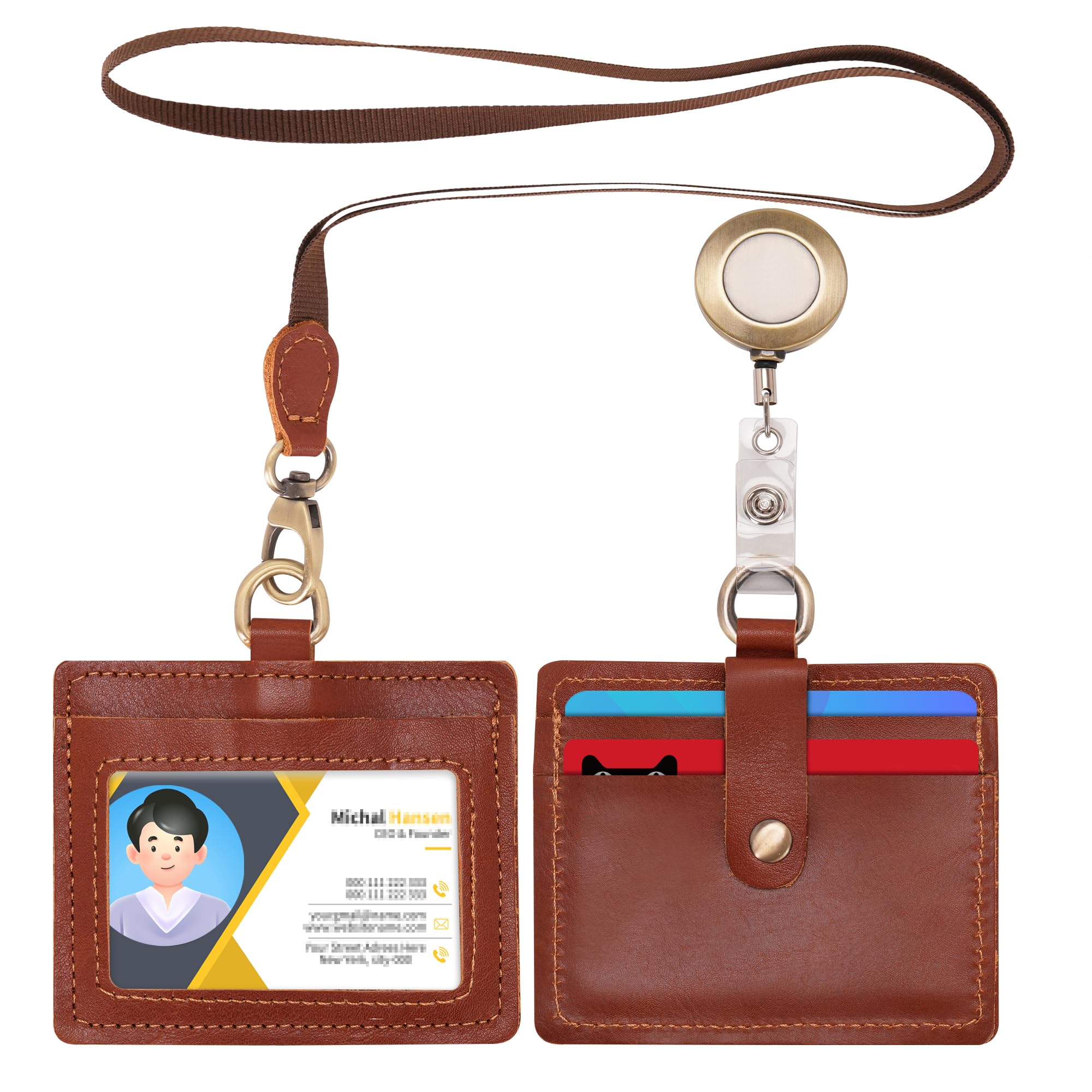 Wonderpool Leather Horizontal Badge Holder with Detachable Neck Lanyard and Retractable Badge Reel Clip, Card Slots Case ID Card Holder for ID Badges Card and Driver Licence (Red Brown)