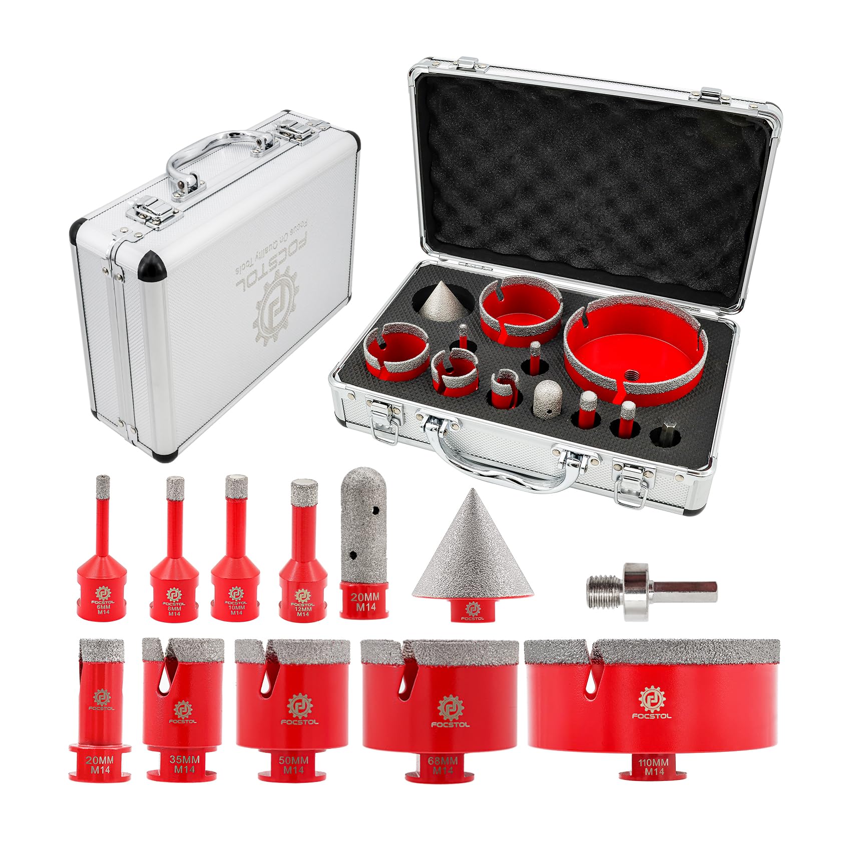 Diamond Core Drill Bit Set - FOCSTOL 12pcs Diamond Hole Saw Kit for Porcelain Tile Ceramic Marble Granite (6/8/10/12/20/35/50/68/110mm+20mm Finger Milling Bit+50mm Beveling Chamfer Bit+Hex)
