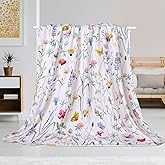 Volatumy Watercolor Floral Throw Blanket Colorful Wildflower Blankets Botanical Plant Leaf Bed Blanket Flower Butterfly Flannel Fleece Throw Blanket for Couch “50x60”