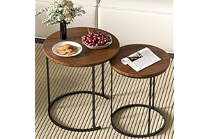 Cavoba Industrial Nesting Round Coffee Table Set of 2, Modern Accent Walnut Texture Stacking Side Tables with Metal Frame for Small Spaces, End Tables Set of 2 19.7"
