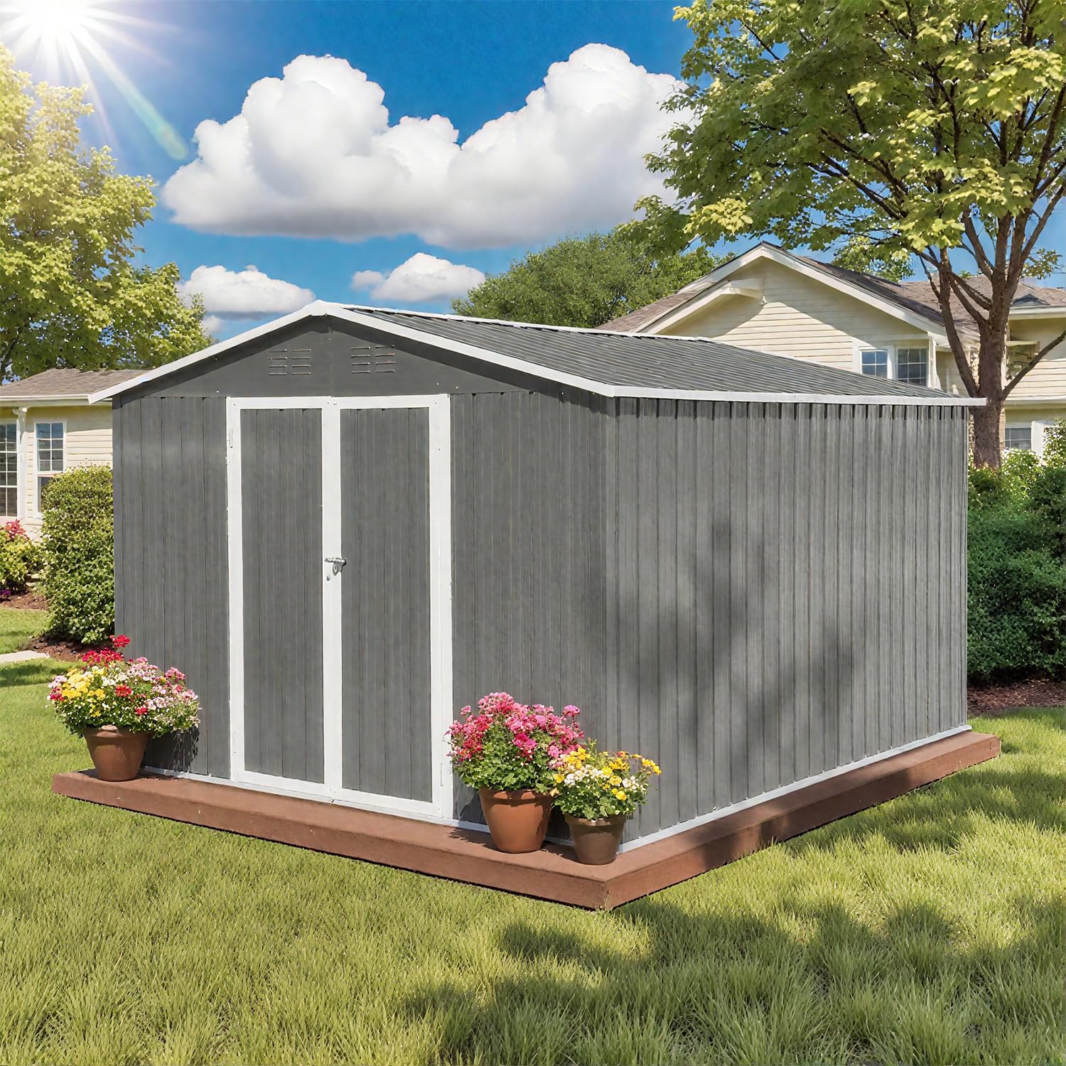 Photo 1 of 10 x 8 FT Outdoor Storage Shed, Metal Garden Bike Shed with 2 Air Vents, Lockable Doors and Sliding Doors,Waterproof Small Tool shed Easy to Assemble for Garden, Lawn, Patio, Backyard, Grey