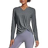 PINSPARK Women's Long Sleeve V Neck Twist Front Workout T-Shirt