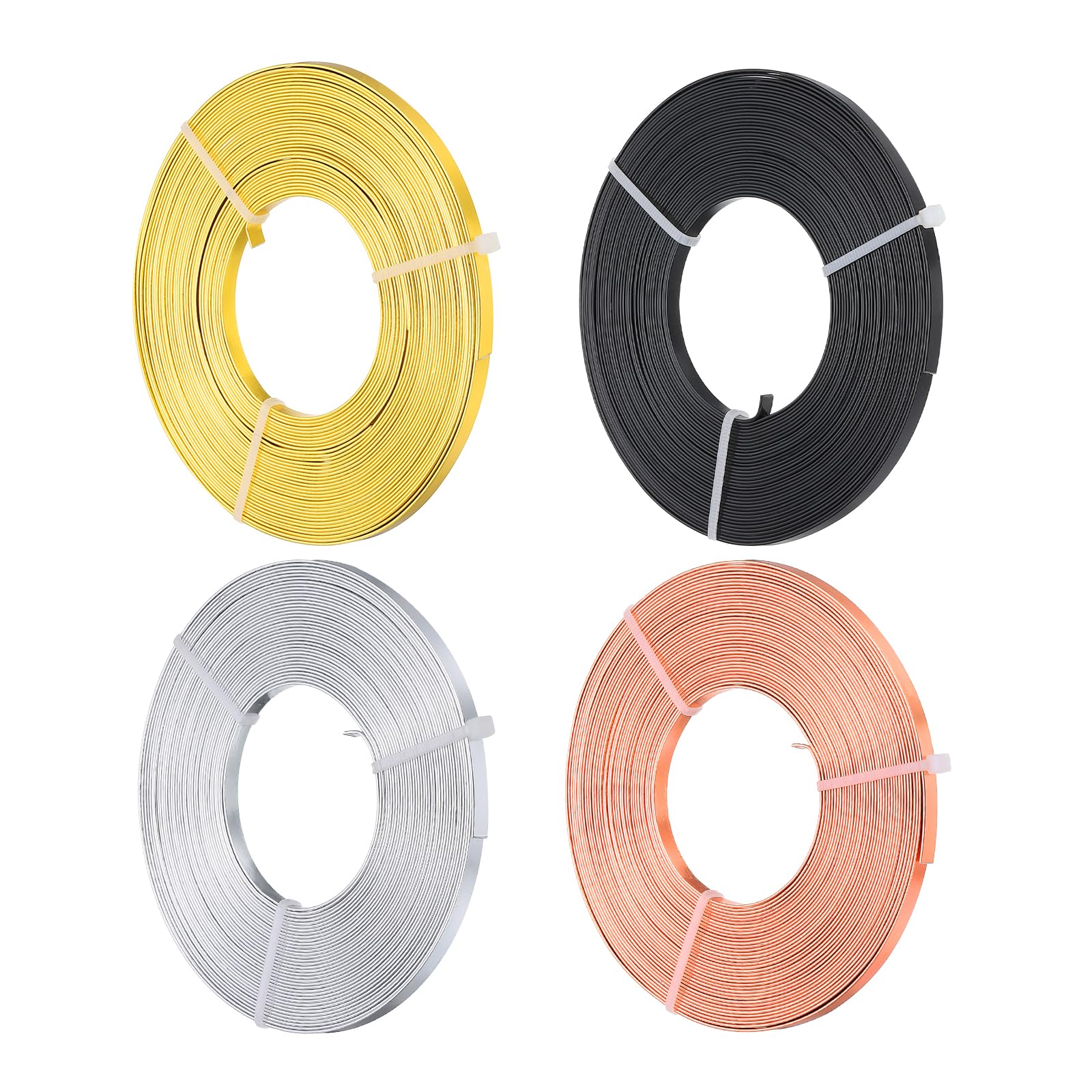 PATIKIL 32.8 Feet Flat Aluminum Wire, 4 Roll 20 Gauge Bendable Anodized Aluminum Wire 5mm Wide Beading Craft Wire for Jewelry Making, Silver/Copper/Gold/Black
