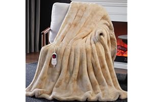 Guohaoi Heated Blanket Electric Throw, Soft Faux Rabbit Fur Electric Blanket with 10 Heating Levels 5 Sitting Timer Auto Off, Cozy Warm Heating Blankets, Machine Washable(50"×60" Beige)