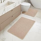 MIULEE Set of 2 Ultra Thin Bathroom Rugs, Rubber Bath Mat, U-Shaped Toilet Rug for Bathroom, Non Slip Quick Dry Absorbent Machine Washable, Fit Under Door, Shower, Sink, Beige, 17"x27"+20"x24"