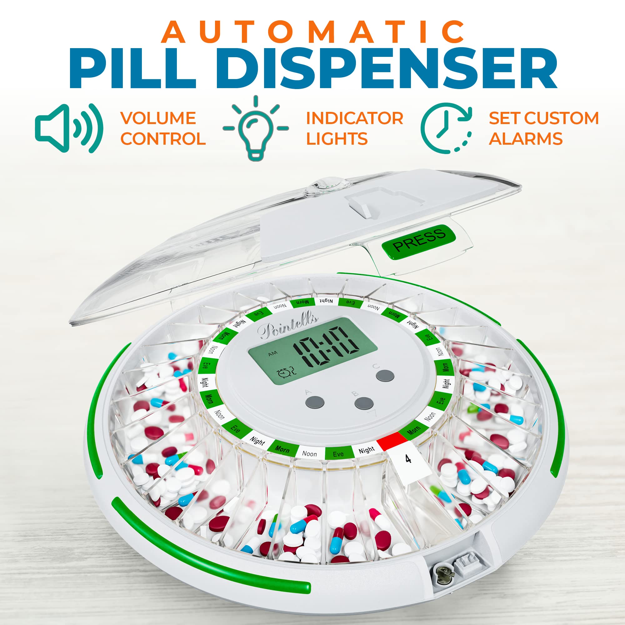 Pointells - Automatic Pill Dispenser with Sound Alarm for Timed Medicine Organizer - 28 Day Pill Dispenser Machine for Elderly with Alarm, Sound, Light - Timed Medication Dispenser Organizers