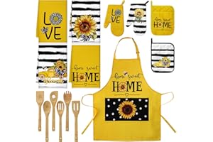 RimCereal 15 Pcs 15 Pcs Sunflower Kitchen Decor Sunflower Home Apron Towels Set Sunflower and Stripe Hand Towels Oven Mitt Pot Holder Cooking Utensil Summer Kitchen Decorations for Housewarming Gifts