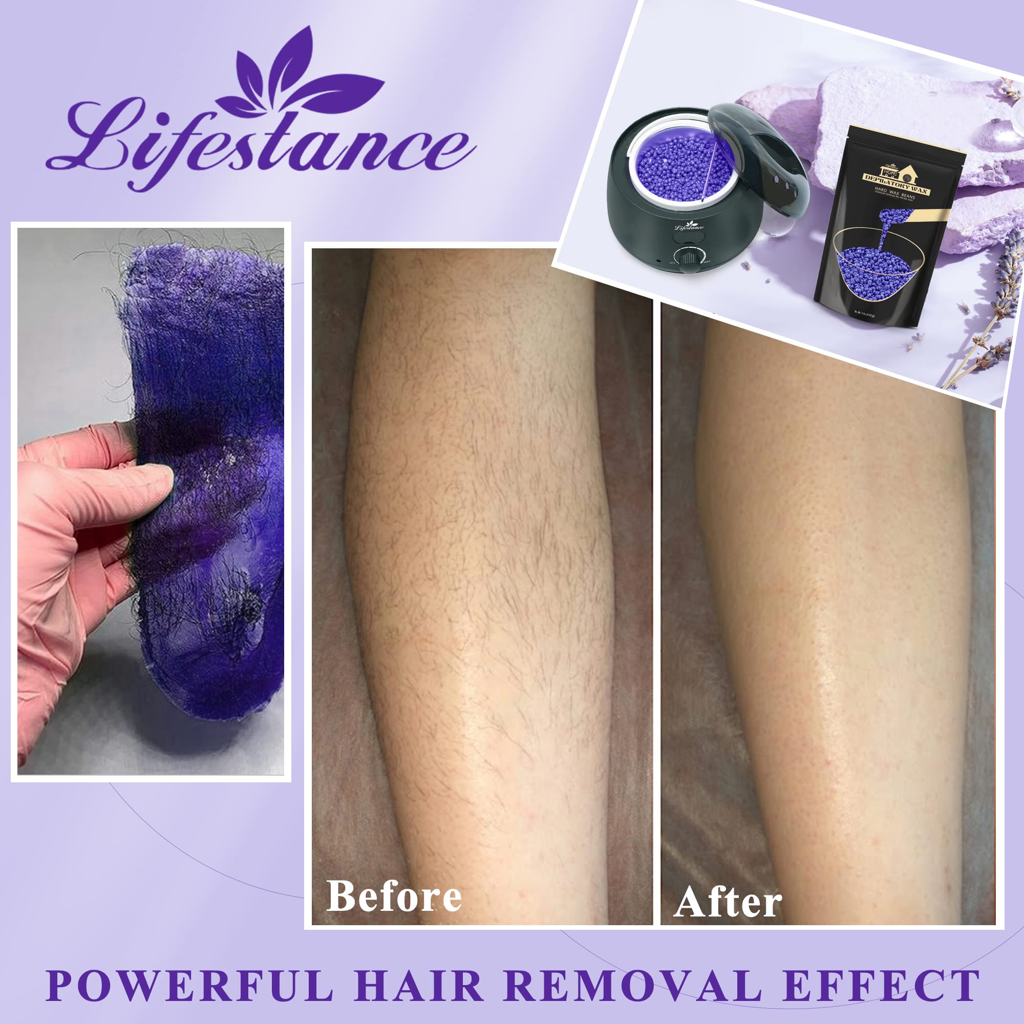 Lifestance Hard Wax Beans Hair Removal Kit, 1lb Large Refill Stripless Waxing Beans for Women Men Waxing Depilatory Lavender Pearl Wax Beads