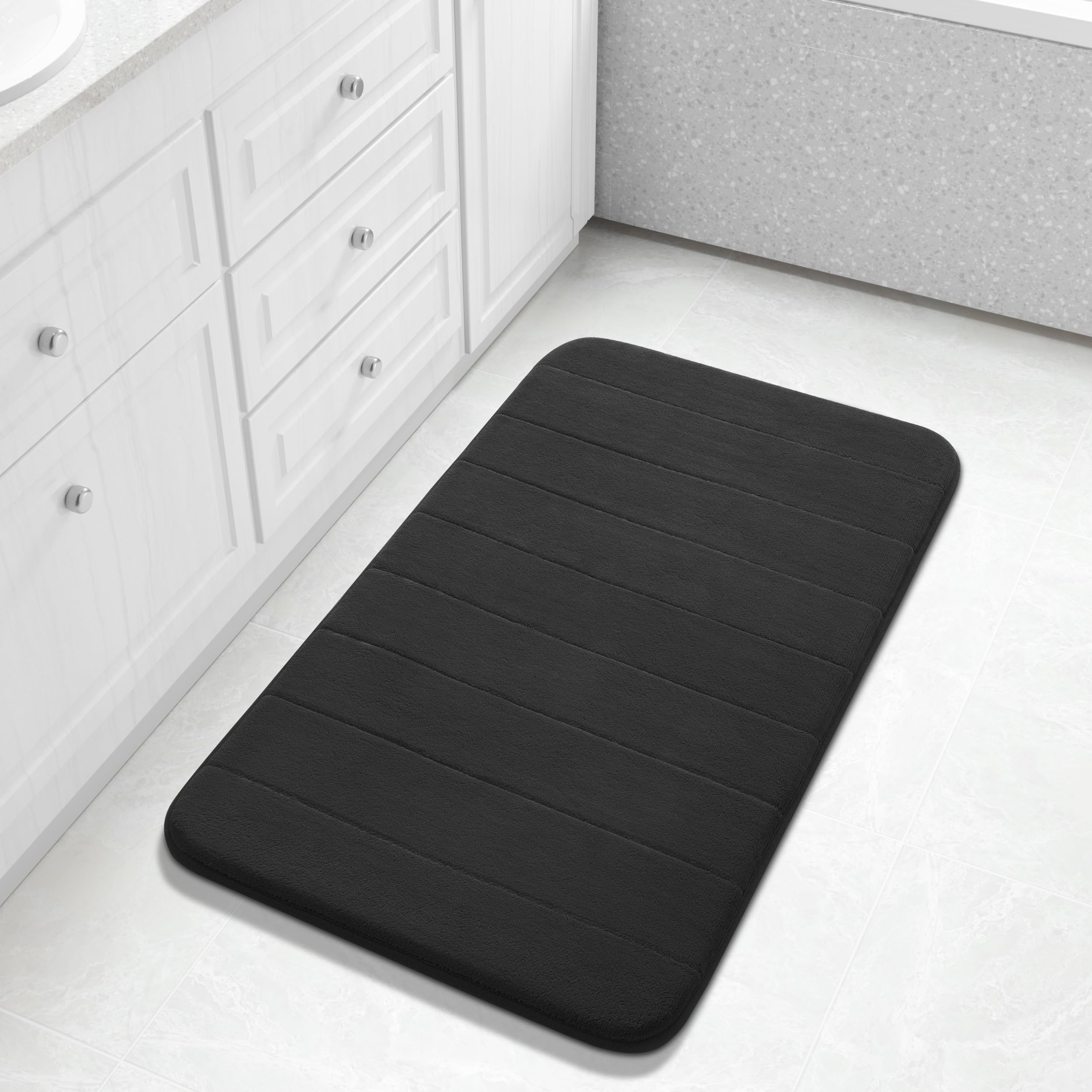 Yimobra Memory Foam Bath Mat Large Size, Soft and Comfortable, Super Water Absorption, Non-Slip, Thick, Machine Wash, Easier to Dry for Bathroom Floor Rug, Black, 92 x 61 cm