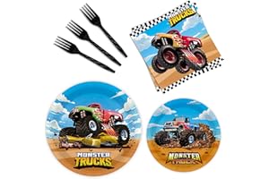 BQK 96 Pcs Monster Truck Plates and Napkins - Monster Truck Birthday Decorations and Party Supplies