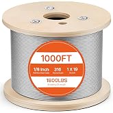 VEVOR 1/8 T316 Stainless Steel Cable 1000ft, Cable Railing System Wire Rope | For Aircraft Deck Railing Kit, Fence Wire, Landscaping,1x19 Tighter Core, 2100 lbs Breaking Strength