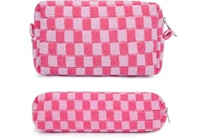 SOIDRAM Checkered Cosmetic Bag and Makeup Brush Storage Bag - Pink Travel Toiletry Organizer