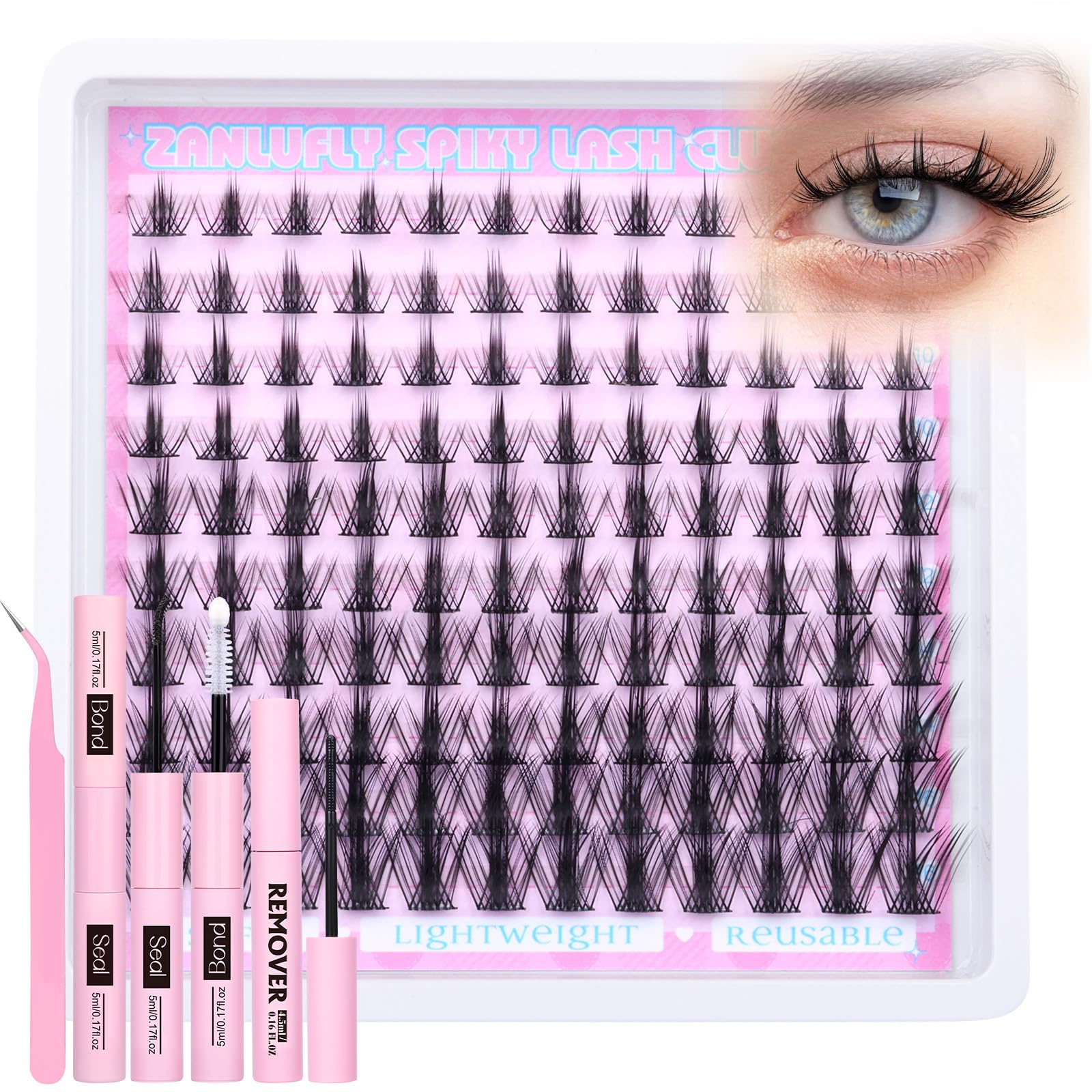 Photo 1 of Lash Clusters Kit Spiky Eyelash Clusters Kit Wispy Cluster Eyelash Extensions Kit 8-16mm Manga Lash Extension Kit Natural Cluster Lashes with Lash Cluster Glue, Tweezers and Remover by zanlufly