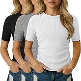 LessonZoo 3 Pack Girls Short Sleeve Shirts Cotton Ribbed Knit Slim Fit Tops Crew Neck Basic Side Ruched Clothes for Teen Girl