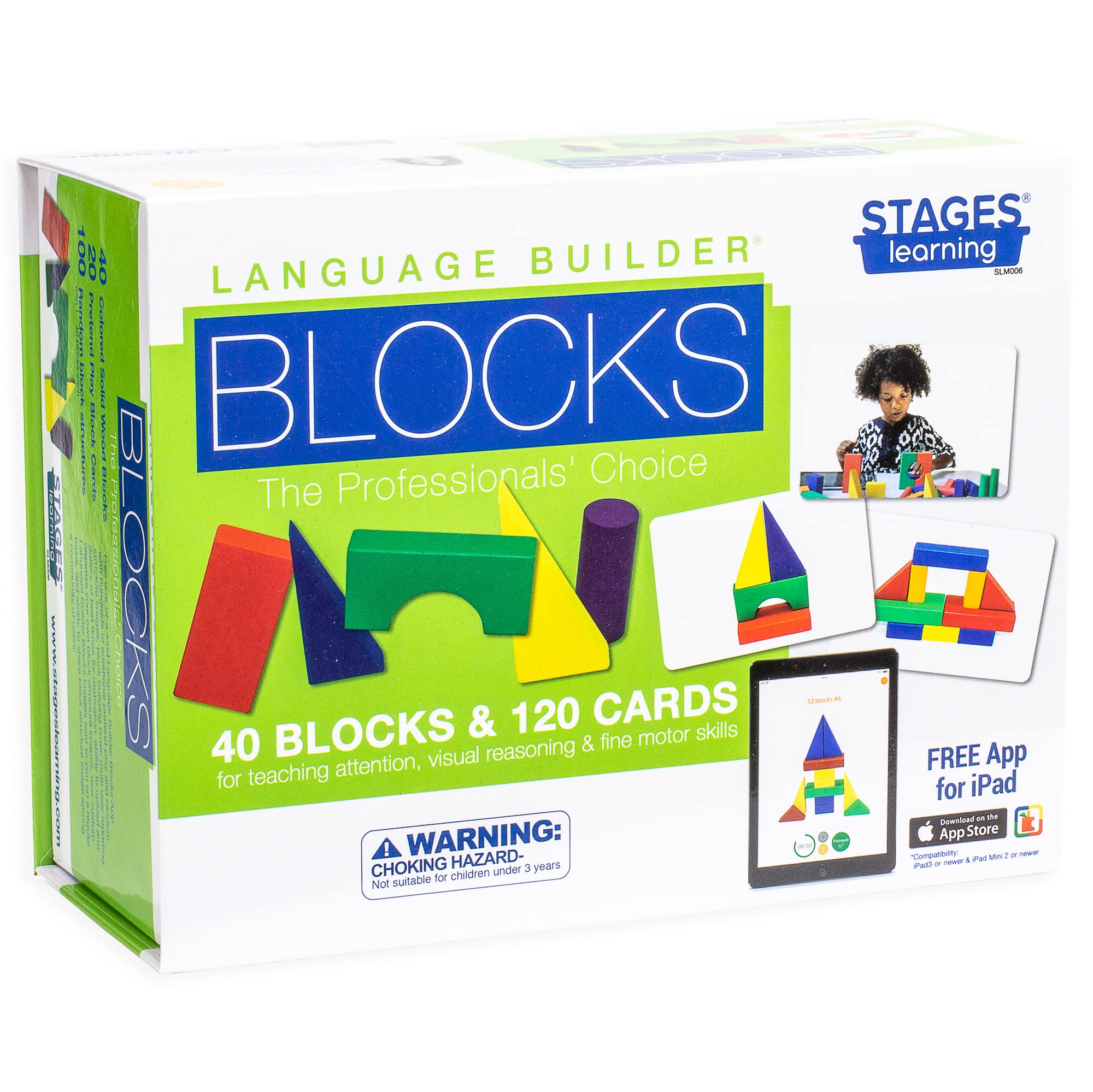 Lang-O-Learn Stages Learning Materials Language Builder Block Imitation Kit Curriculum for Autism & Preschool 120 Pretend Play Flashcards, 40 Wood Blocks, iPad App