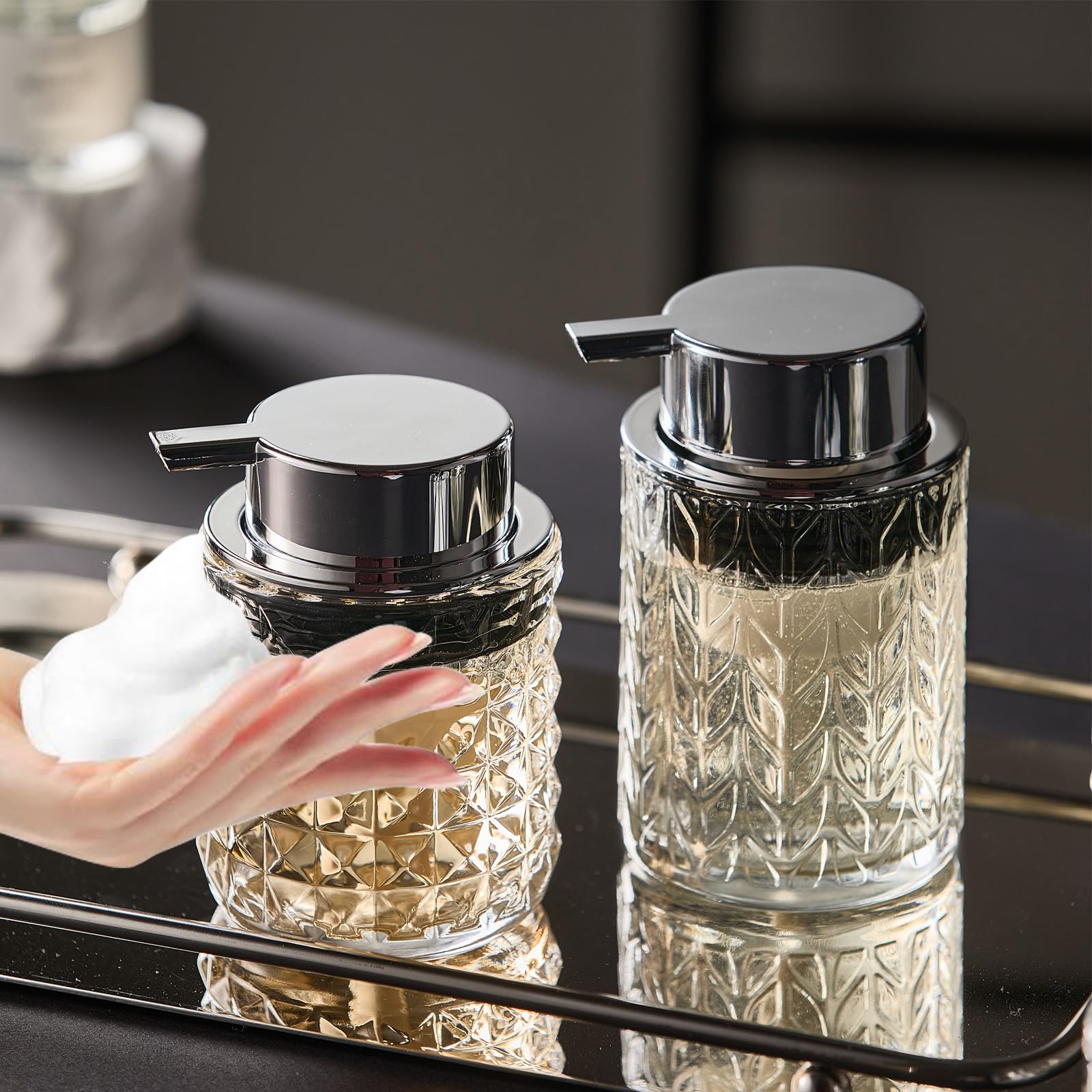 Photo 1 of ***(MINOR DAMAGE/ SEE NOTES)***CICUFY Foaming Soap Dispenser 2 Pack, Foam Hand Soap Dispenser for Bathroom Kitchen Liquid Refillable Clear Glass Bottles with Silver Pump(Diamond Pattern-Clear)