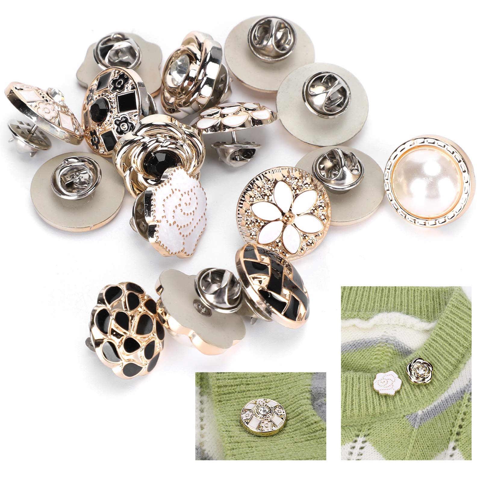 30PCS Decorative Shirt Brooch Assorted Pearl Buttons, Metal Craft Replacement Button Pins, Detachable Shirt Button