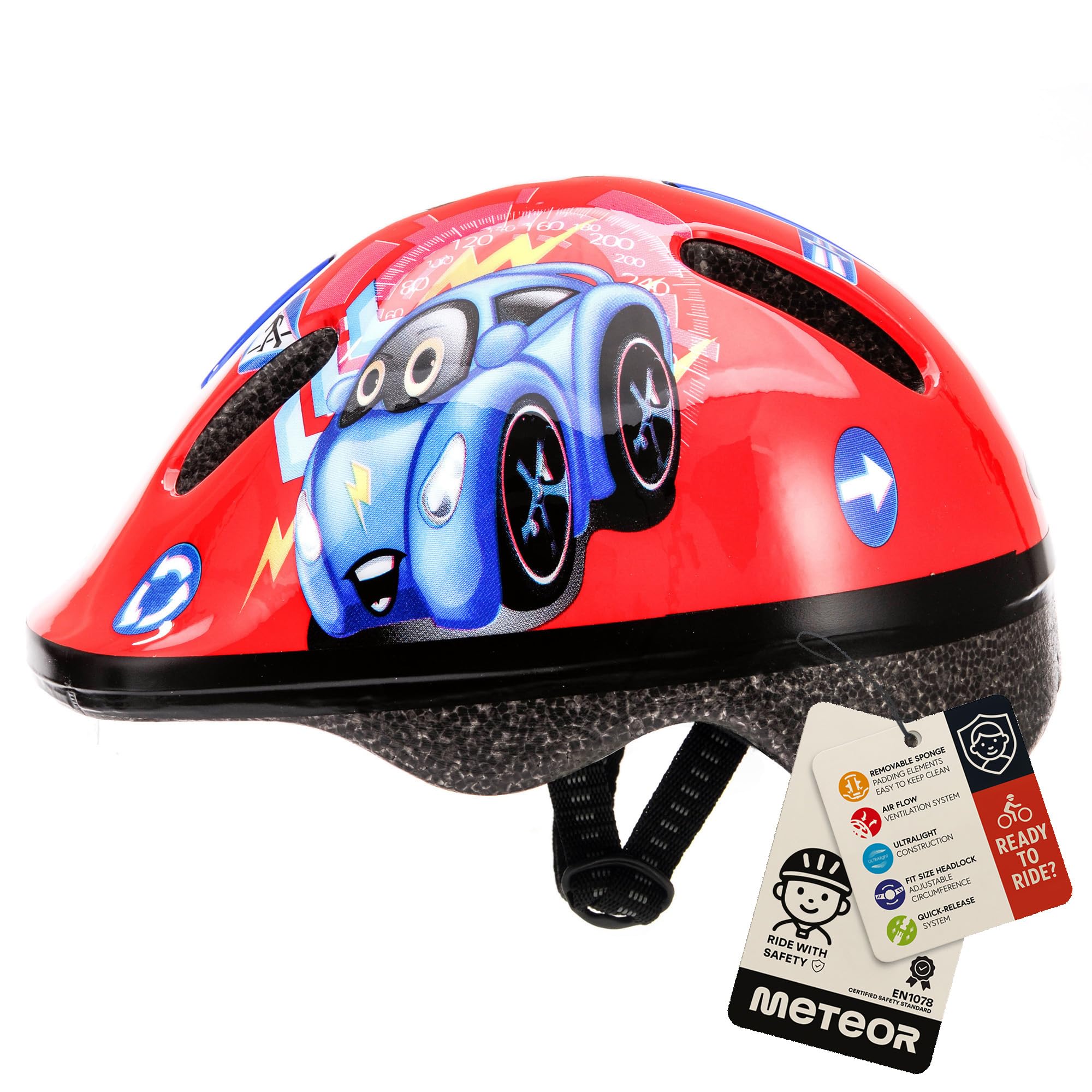 Meteor Kids Bike Helmet Auto XS 44-48 cm, Toddler & Child Cycling Helmet, Lightweight Adjustable Scooter & Skate Helmet with Airflow Vents, Washable Padding, Safety Head Protection