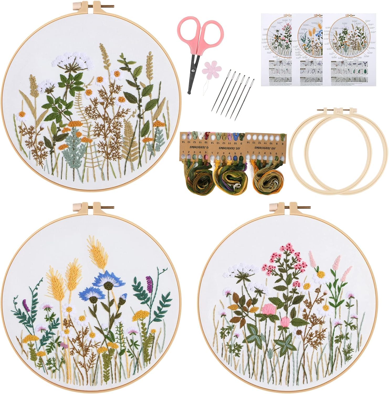 HAOCOO 3 Sets Embroidery Kit for Beginners, Cross Stitch Kits with Floral Pattern and Instructions, Full Range of Embroidery Cloth, Embroidery Hoops, Color Threads and Tool (Daisy)