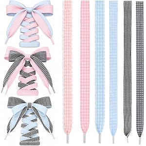 Chanaco Gingham Ribbon Shoelaces 6 Pairs Wide Flat Plaid Shoe Laces Replacement Checkered Decorative Shoelace Strings for Sne