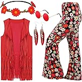 Leumoi 5 Pcs 60s 70s Costume for Women Disco Outfits Hippie Accessories Fringe Vest Boho Flared Pant for Mardi Gras Carnival