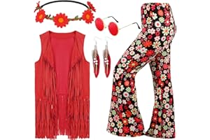 Leumoi 5 Pcs 60s 70s Costume for Women Disco Outfits Hippie Accessories Fringe Vest Boho Flared Pants Set for Halloween